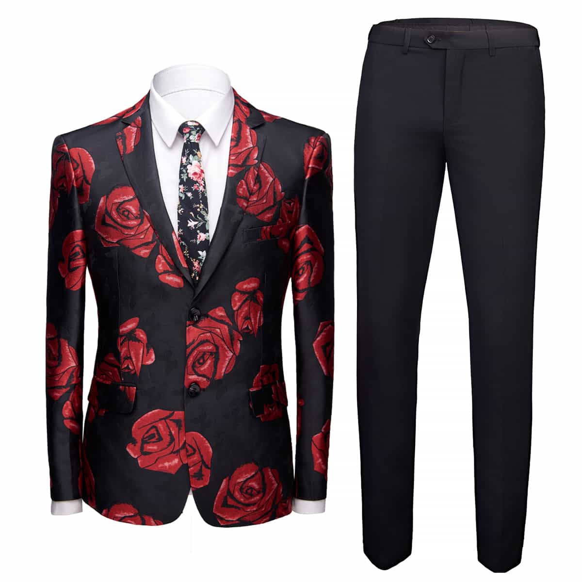 Men's 2 Piece Floral Suit with Red Rose Print