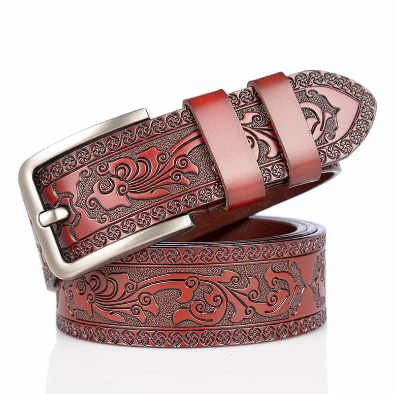 Men’s Carving Leather Belt Phoenix Pattern with Single Alloy Prong Buckle