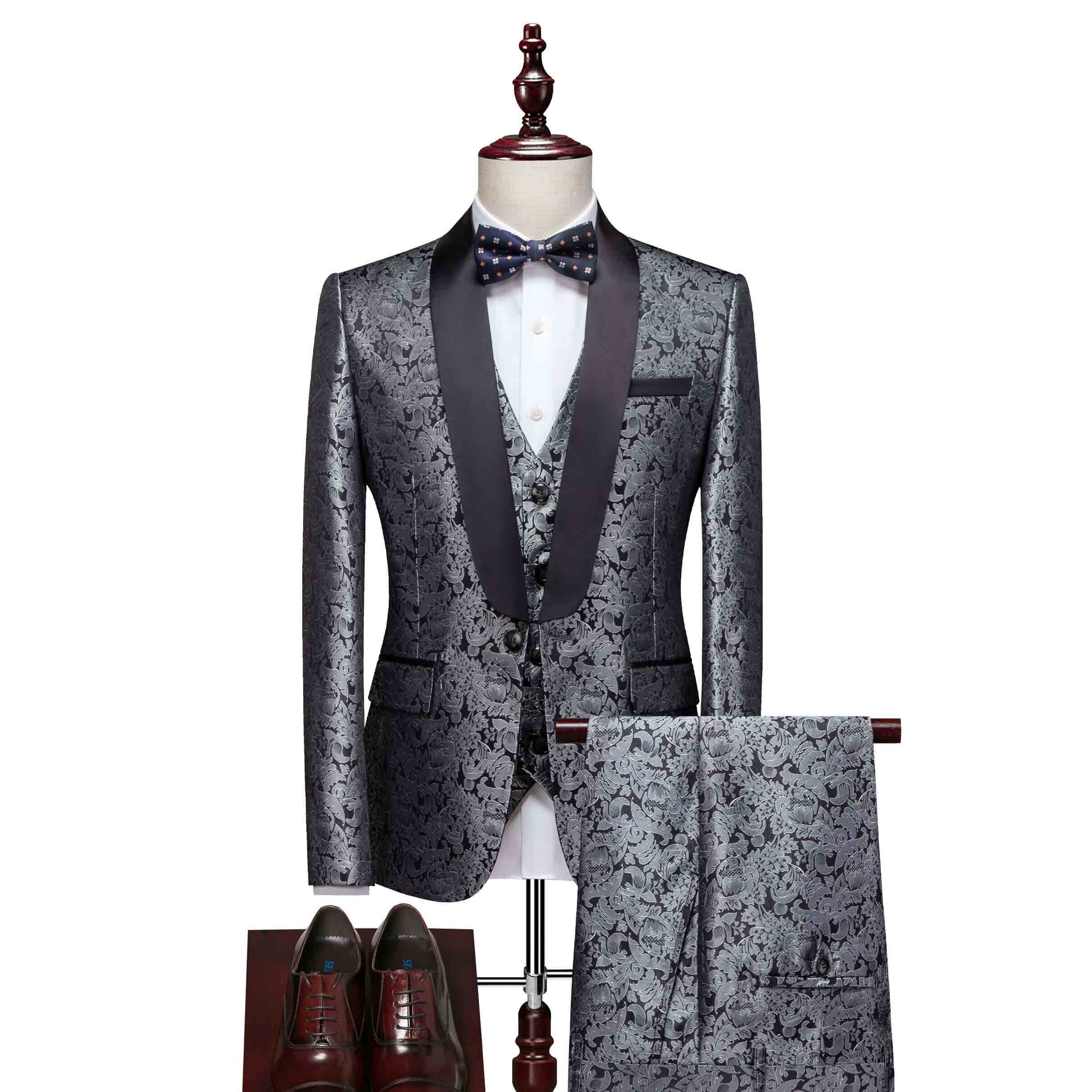 Men 3 Piece Jacquard Tuxedo with Floral Pattern