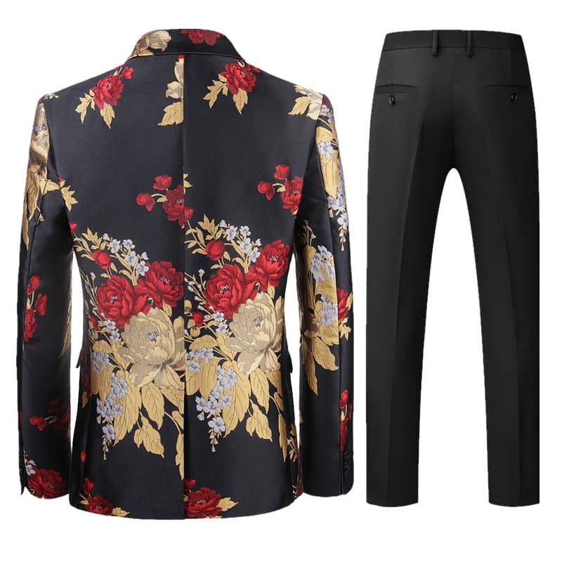 Men's 2 Piece Printed Suit with Red Gold Flower
