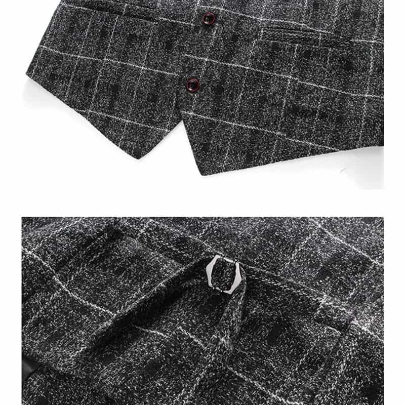 Men's 3 Piece Plaid Suit in Black & Khaki & Blue