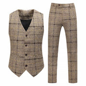 Men's 3 Piece Plaid Suit in Black & Khaki & Blue