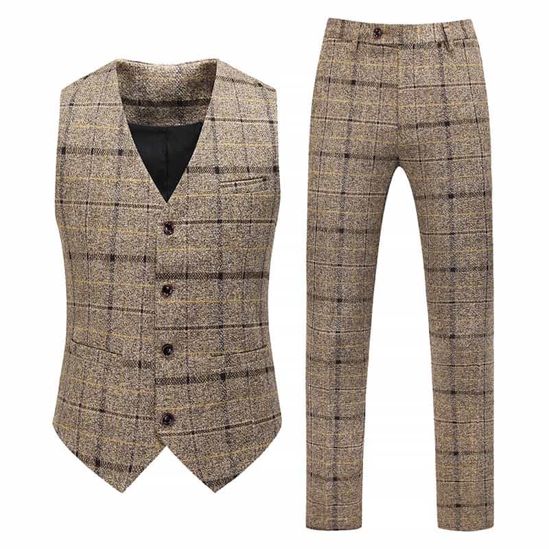 Men's 3 Piece Plaid Suit in Black & Khaki & Blue