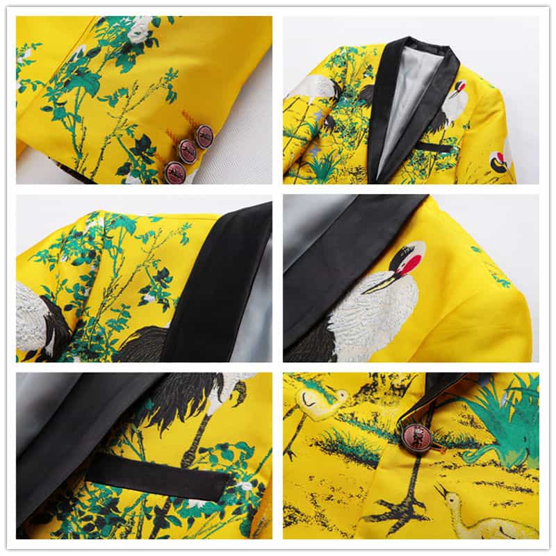 Men Printed Jacket in Yellow One Button