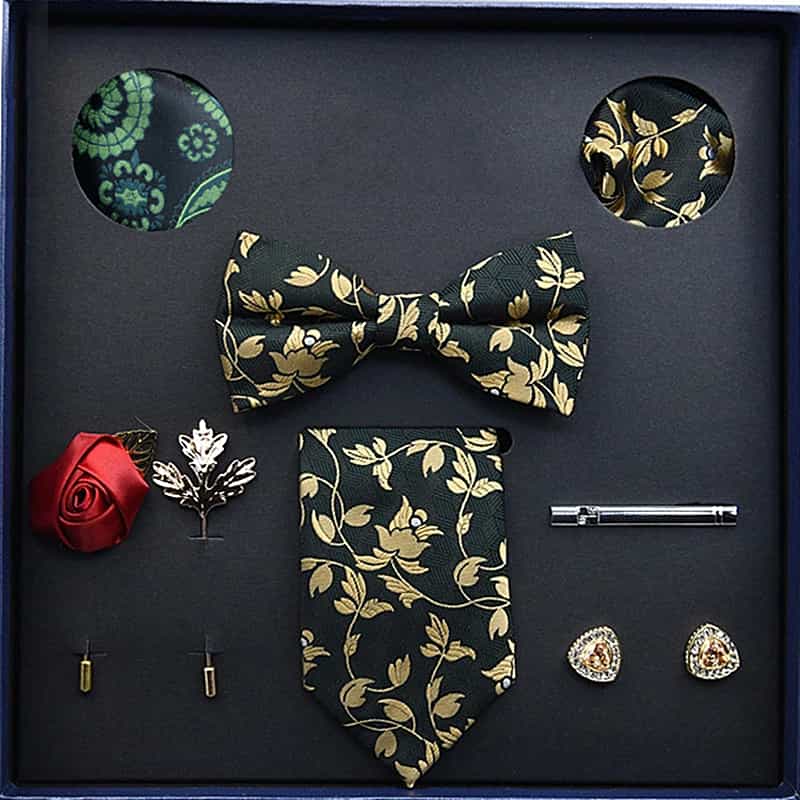 Men's Ties Set  (Necktie+Bow Tie+Pocket Square +Cufflinks+ Lapel Pin Flower +Tie clip)