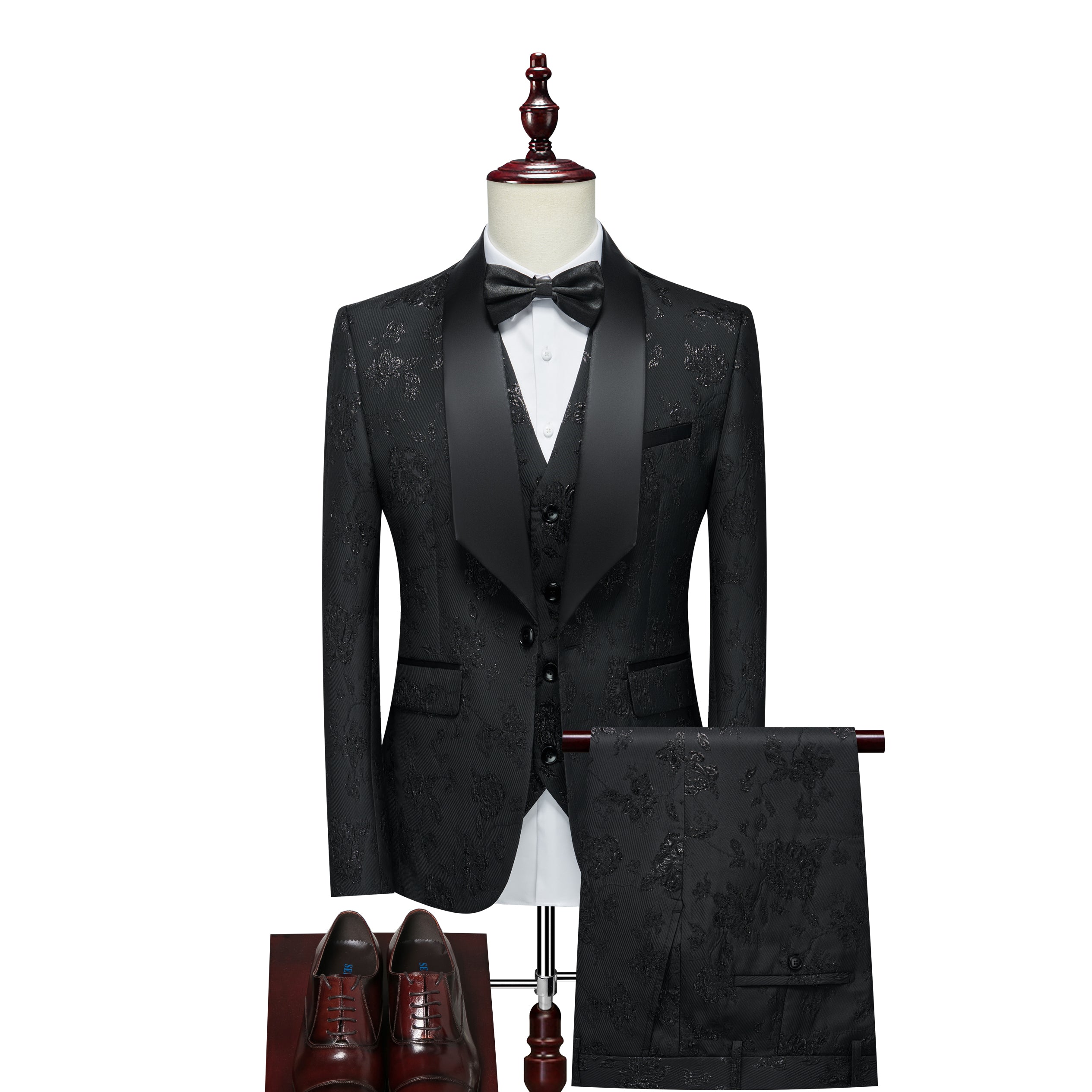 Men's 3 Pieces Suit Jacquard Tuxedo One Button