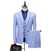 Men's  3 Piece Blue Plaid Suit Slim Fit Wedding Prom Tuxedos Casual Business Windowpane Pant Suit