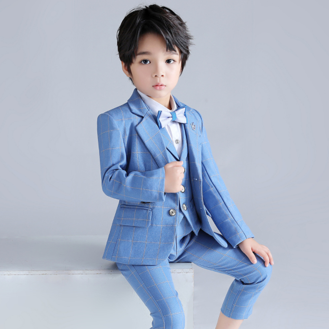 Boys 5 Piece Plaid Suit Light Blue Flower Boy Dress
