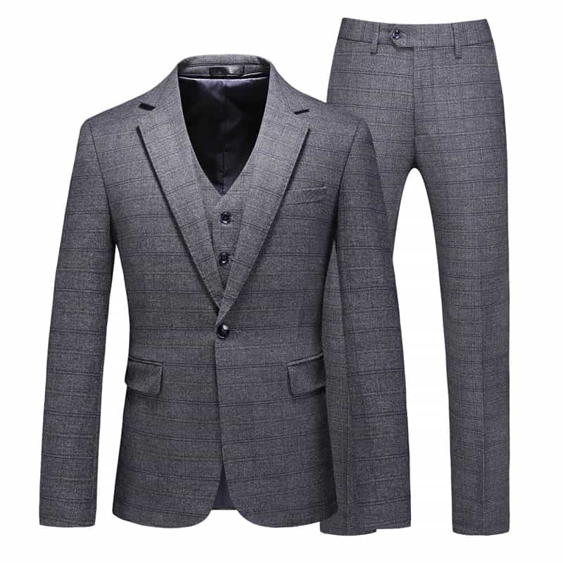 Mens 3 Piece Plaid Suit Red & Grey & light Blue & Dark Blue Windowpane Pattern
