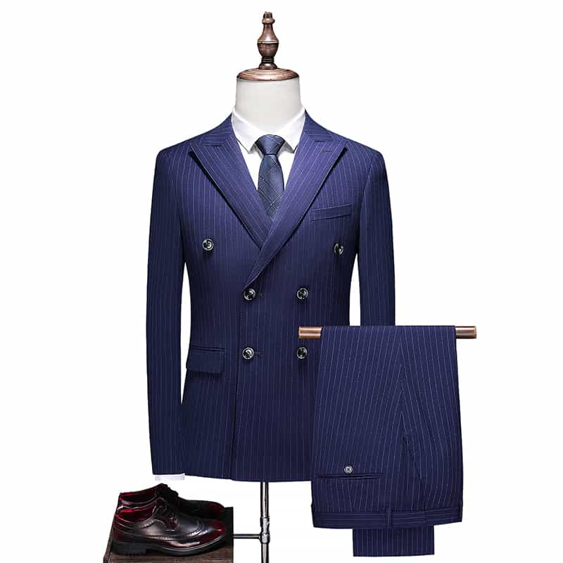 Mens 3 Piece Double Breasted Pinstripe Suit in Blue Grey Black