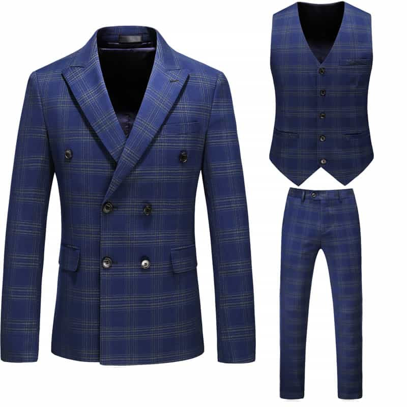 Men Blue Plaid Double Breasted Suit 3 Piece Slim Fit Tuxedos