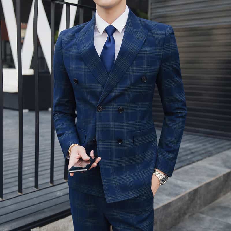 Men Blue Plaid Double Breasted Suit 3 Piece Slim Fit Tuxedos