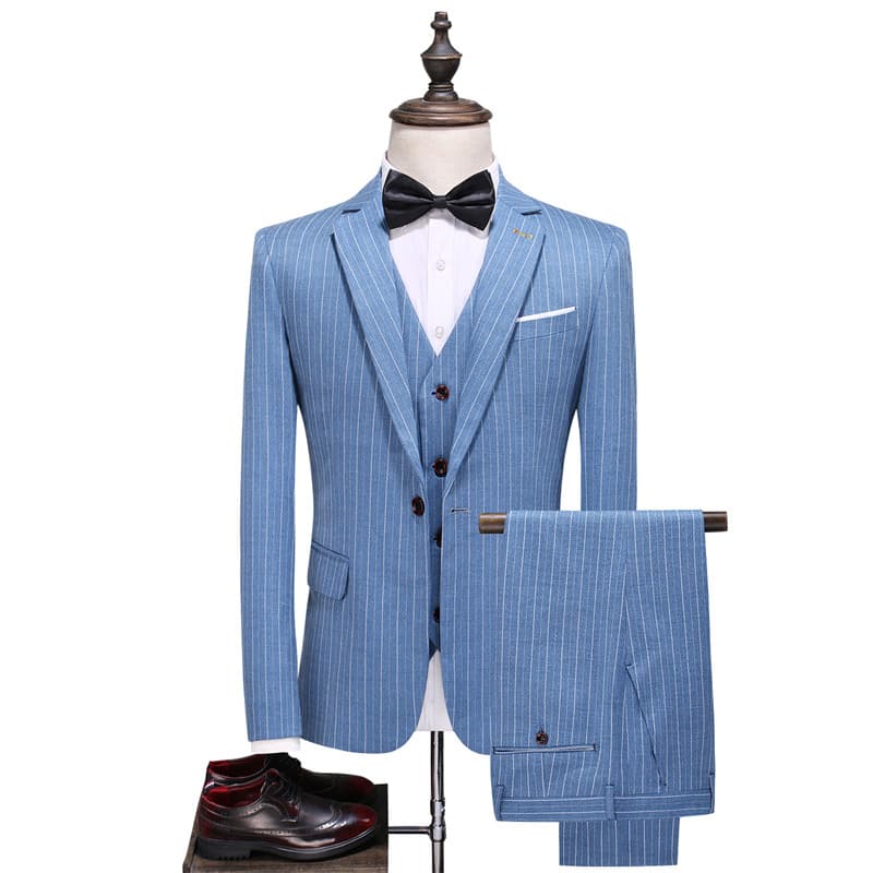 Men's Pinstripe Suit 3 Piece Slim Fit Wedding Prom Tuxedos Blue Black Stripe Pant Suit