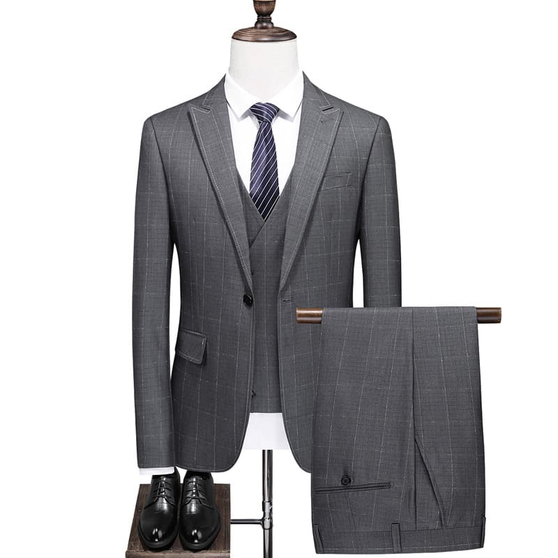 3 Piece Grey Suits for Men Slim Fit Wedding Prom Tuxedos Plaid Formal Dress Pants Suits