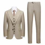 Mens 3 Piece Suit Slim Fit Pinstriped Tuxedos For Wedding Prom Groomsmen Party Grey Khaki