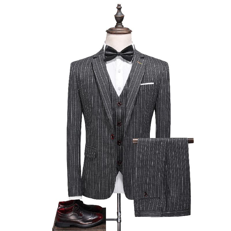Men's Pinstripe Suit 3 Piece Slim Fit Wedding Prom Tuxedos Blue Black Stripe Pant Suit