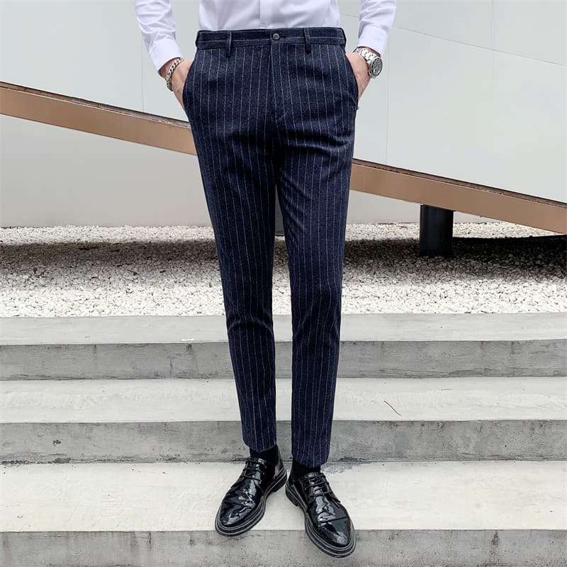 Mens Striped Dress Pants Flat-Front Skinny Pinstriped Blue Grey Prom Trousers