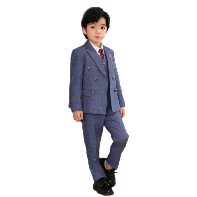 5 Piece Suit British Style Plaid Suit For Boys