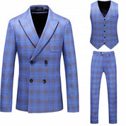 MOGU Men Double Breasted Suit Blue Plaid 3 Piece Slim Fit Tuxedo