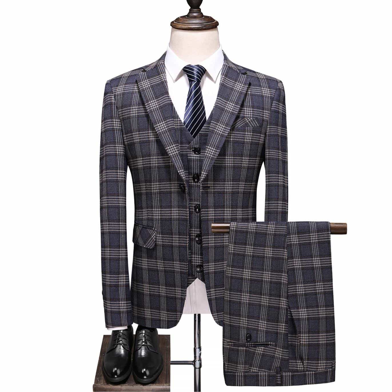 Men Dress Suits British 3 Piece Wedding Suit Windowpane Tux Business Formal Plaid Suit for Groom Prom Party