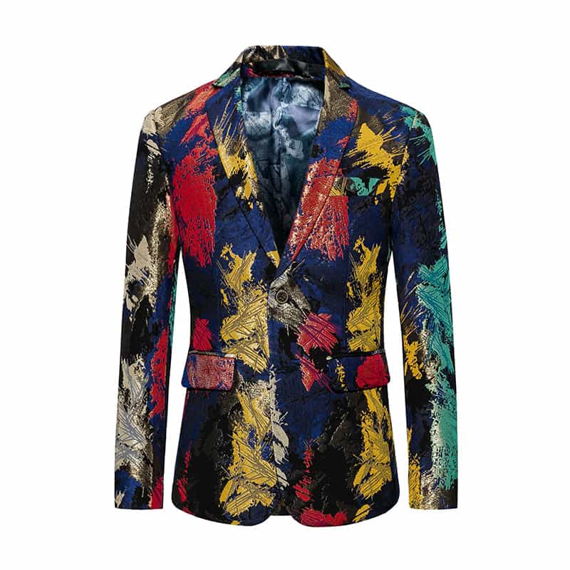 MOGU Men's Blazer with Colourful Irregular Pattern Slim Suit Jacket