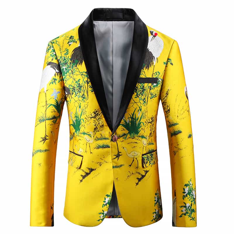 Men Printed Jacket in Yellow One Button