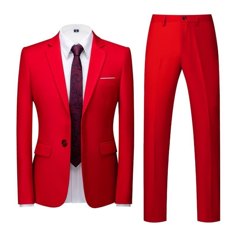 Men Solid Red Leisure 2 Piece Suit One Button Closure