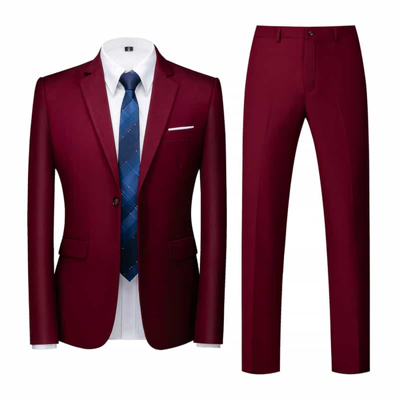 Men 2 Piece Suit in Solid Burgundy One Button Closure