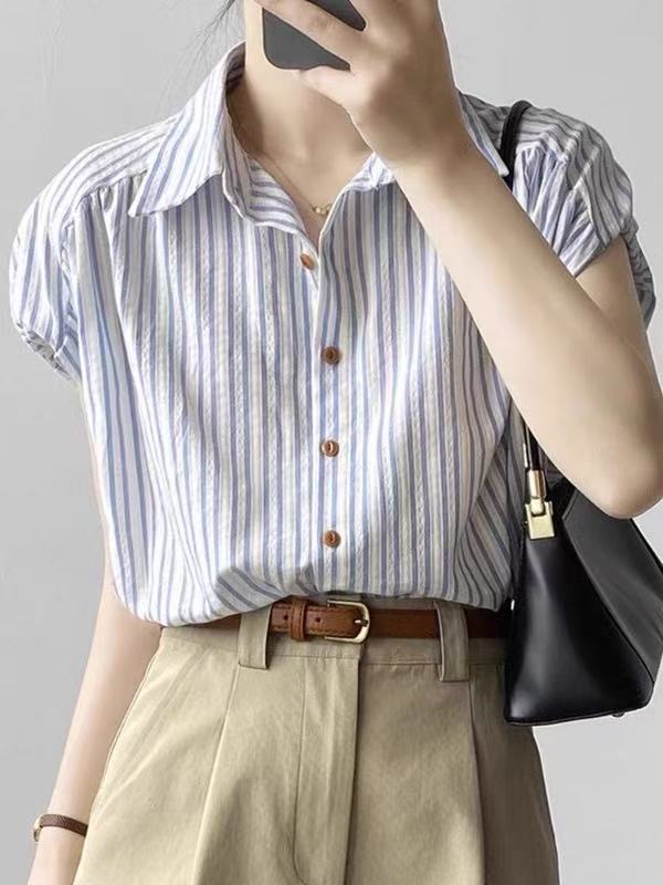 MOGU Womens Short Sleeve Stripe Blouse