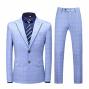 Men's  3 Piece Blue Plaid Suit Slim Fit Wedding Prom Tuxedos Casual Business Windowpane Pant Suit