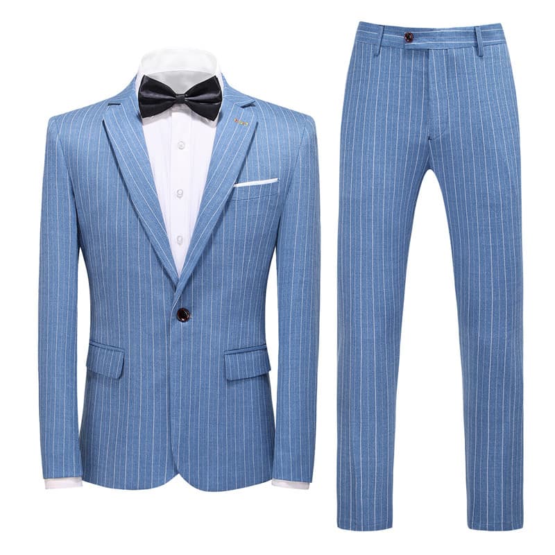Men's Pinstripe Suit 3 Piece Slim Fit Wedding Prom Tuxedos Blue Black Stripe Pant Suit