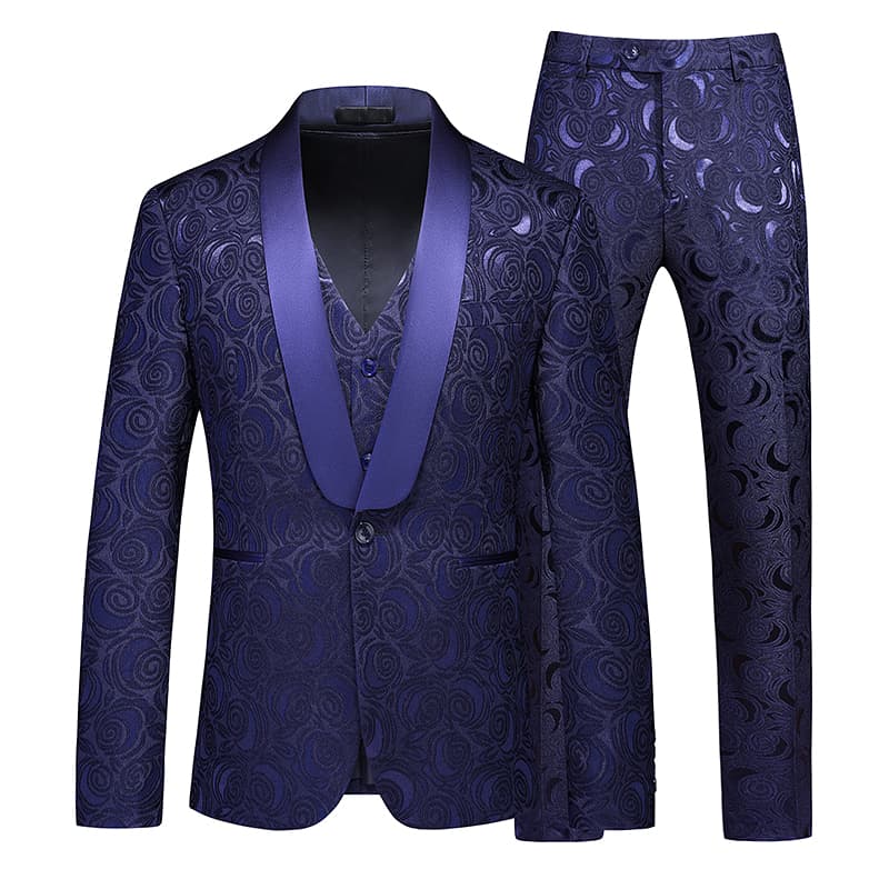 MOGU Mens 3 Piece Floral Print Dress Suit Slim Fit Jacquard Tuxedo