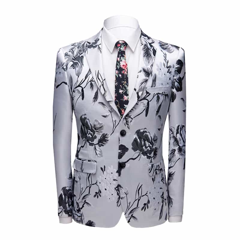Mens 2 Piece Suit with Black Flower Embroidered