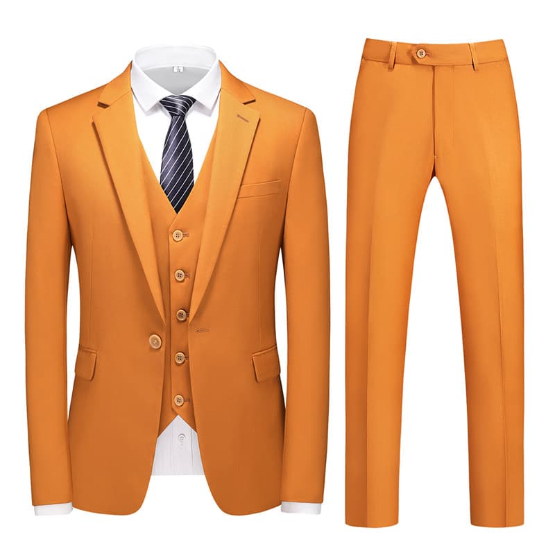 Men's 3 Piece One Button Suit in Red Khaki Light Grey Orange Yellow Solid Colors