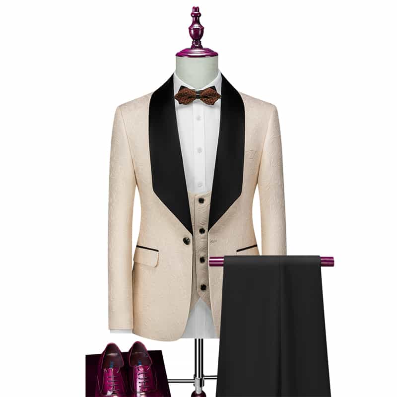 Men's 3 Piece Jacquard Wedding Tuxedo in 6 Colors