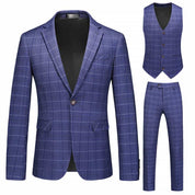 Men Blue Plaid Suit 3 Piece Slim Fit  Windowpane Wedding Prom Tuxedos Formal Dress