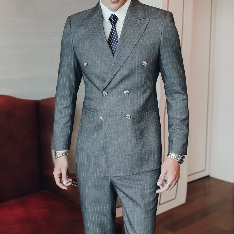 Grey 3 Piece Men Double Breasted Striped Suit