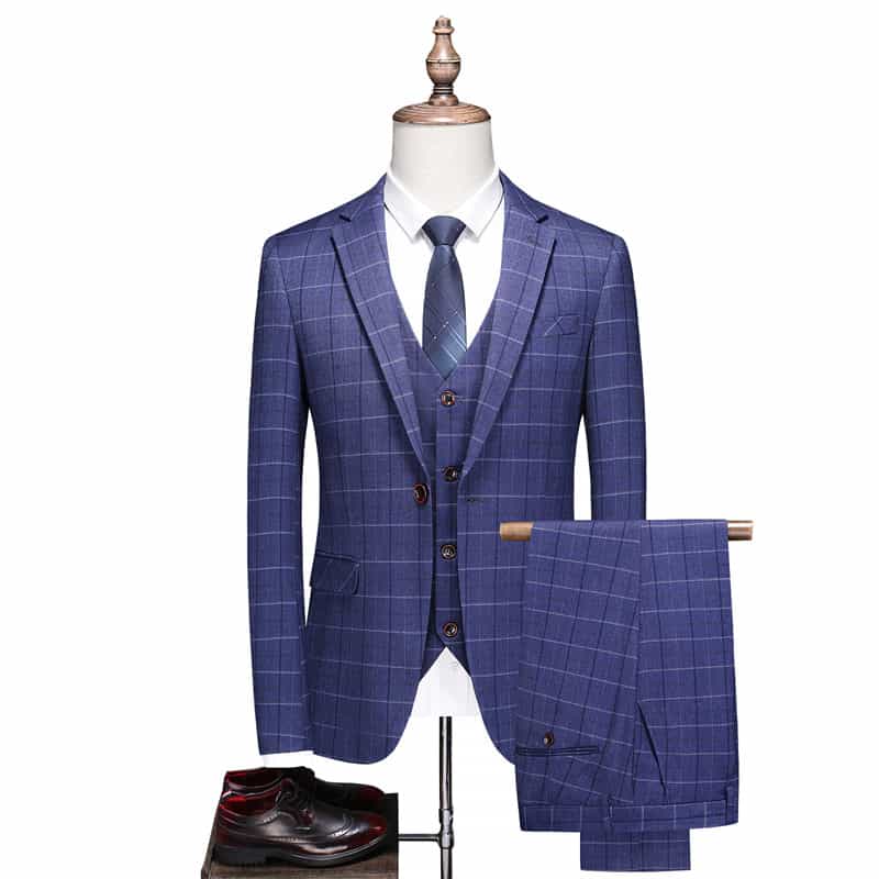 Men Blue Plaid Suit 3 Piece Slim Fit  Windowpane Wedding Prom Tuxedos Formal Dress