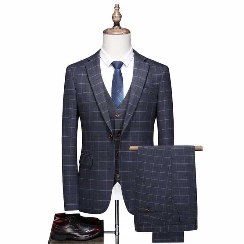Men Blue Plaid Suit 3 Piece Slim Fit Wedding Prom Windowpane Tuxedos MOGU SUIT Men Blue Plaid Suit 3 Piece Slim Fit Wedding Prom Windowpane Tuxedos MOGU SUIT