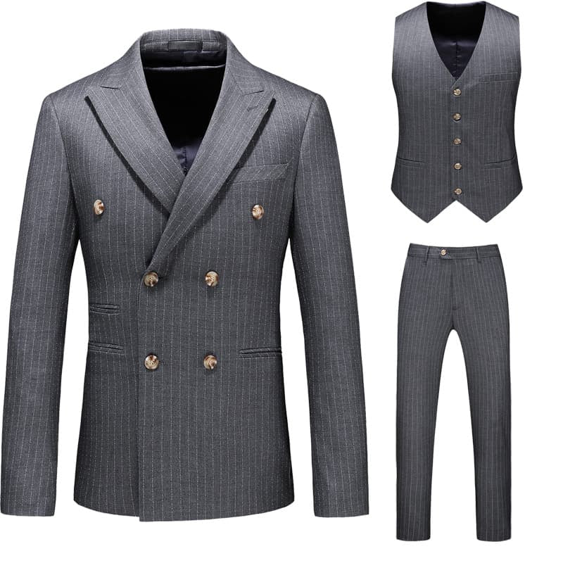 Grey 3 Piece Men Double Breasted Striped Suit
