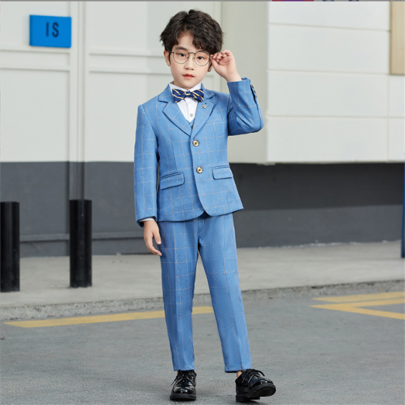 Boys 5 Piece Suit Blue Plaid Host Performance Children's Suits