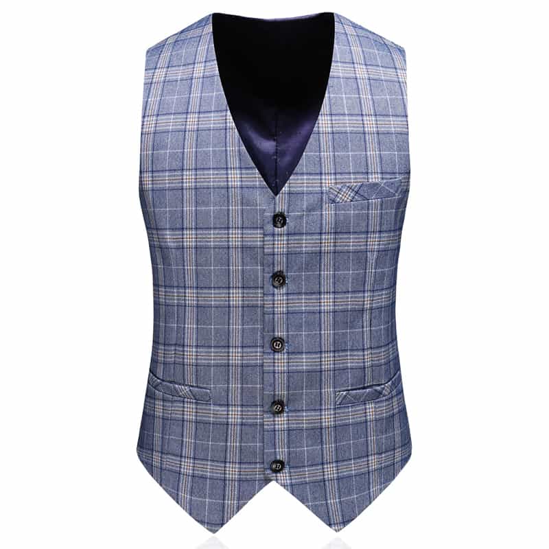 Men Double Breasted Suit 3 Piece Blue Plaid Slim Fit Tuxedo