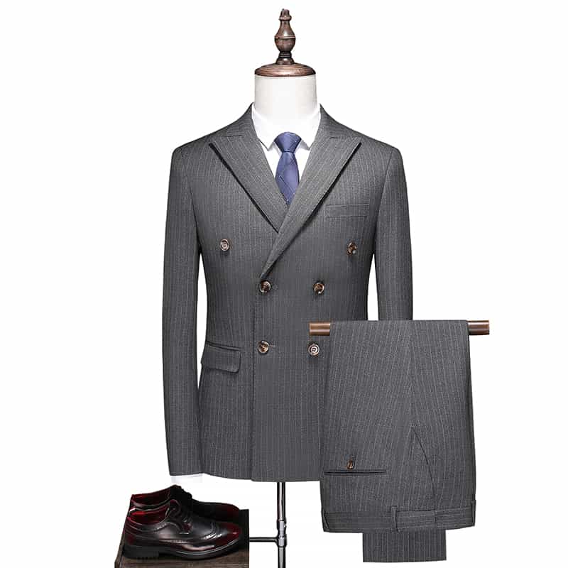 Mens 3 Piece Double Breasted Pinstripe Suit in Blue Grey Black