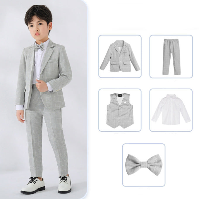 Boys Casual Suit 5 Piece Set of Jacket Vest Pants Shirt and Tie