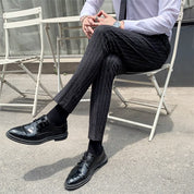 Mens Striped Dress Pants Flat-Front Skinny Pinstriped Blue Grey Prom Trousers