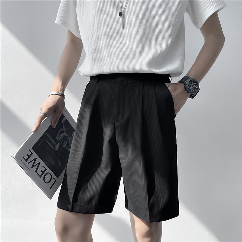 Mens Straight Fit Summer Shorts Leisure Stripe Grey Black Flat Front Dress Short