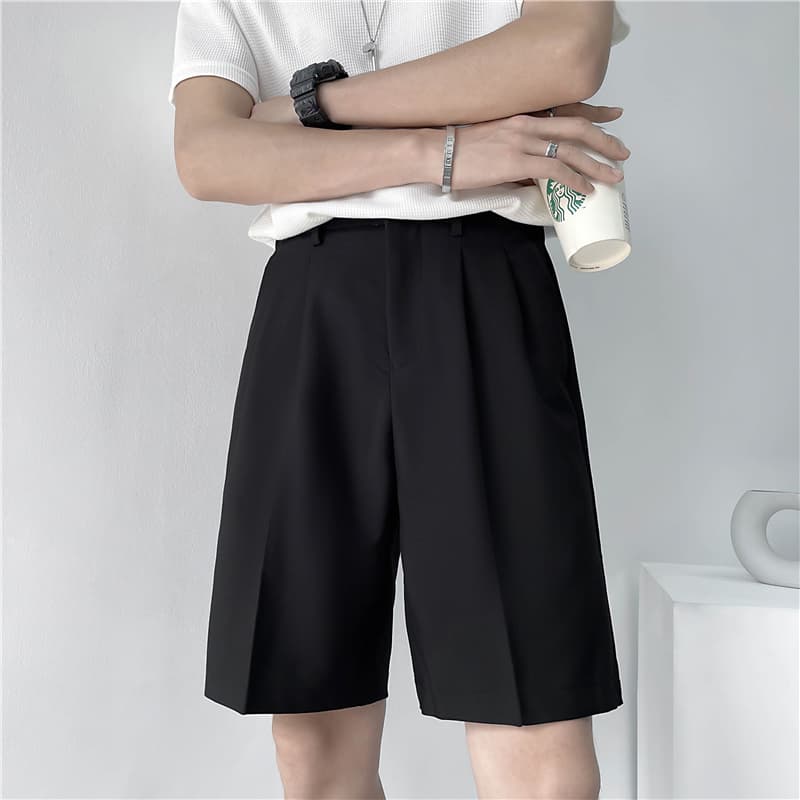 Mens Straight Fit Summer Shorts Leisure Solid Brown Black Grey Flat Front Dress Short Pants