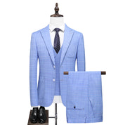 MOGU Blue Suits for Men 3 Piece Slim Fit Wedding Prom Tuxedos Plaid Formal Dress Pants Suits