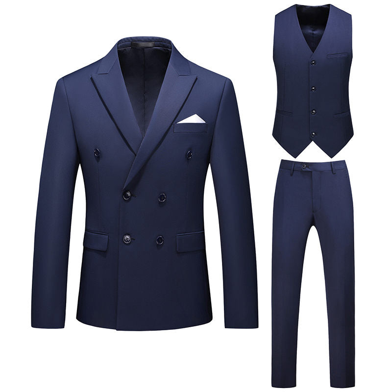 Men's 3 Piece Double Breasted Suit in Beige Blue Wine Solid Colors