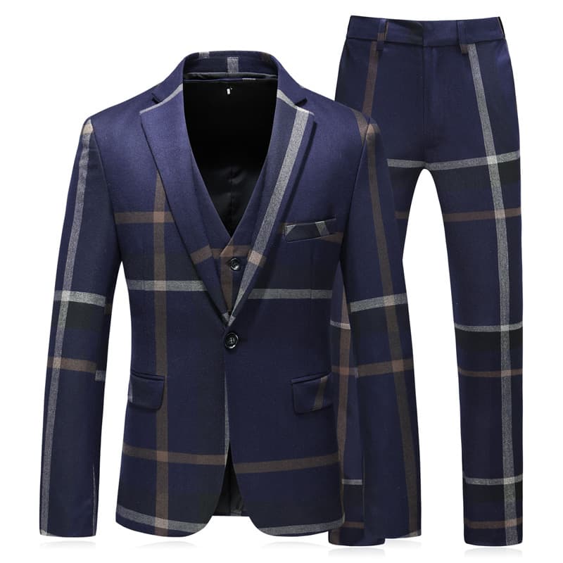 Men Blue & Grey Windowpane 3 Piece Suit